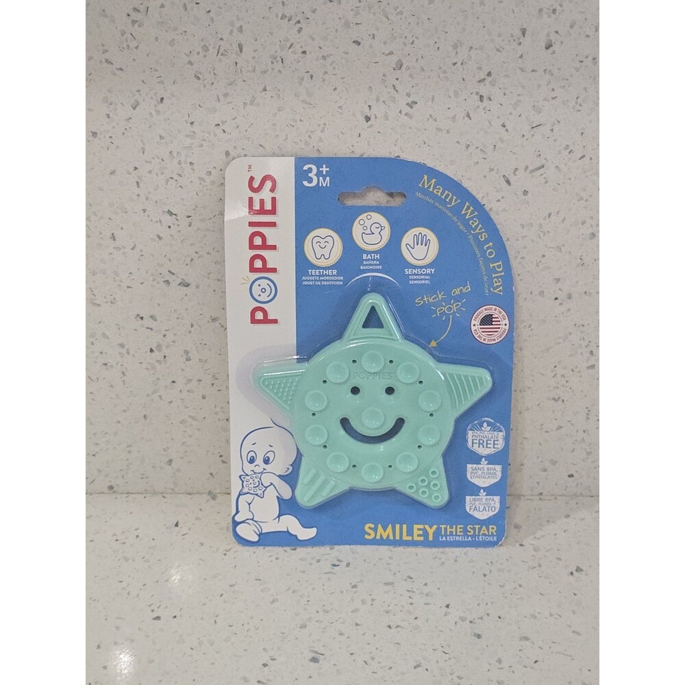 Poppies Smiley The Star Silicone Sensory Toy Teether Bath Toy Made In USA NEW